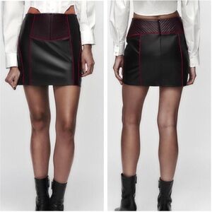 Zara Faux Leather High Waisted Mini Skirt Black And Red Contrast Piping Size XS